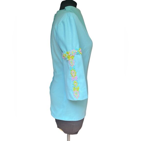 Vtg 70s Blue High Neck Modest Boho Coquette Colorful Floral Embroidered Blouse - Picture 4 of 5